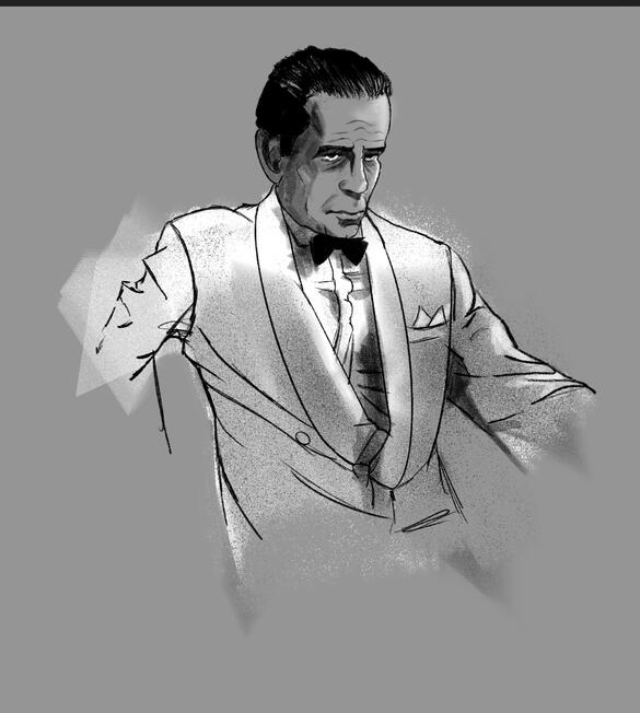Untitled A rendering of Humphrey Bogart in a white jacket leaning back in a chair, from the movie Casablanca